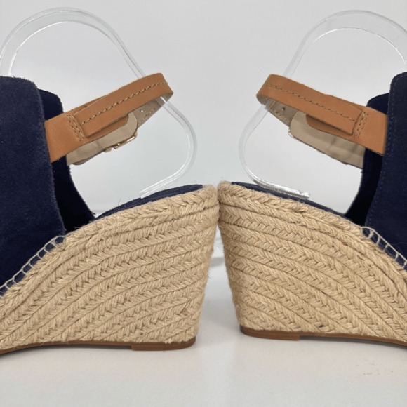 Seychelles Wedges Espadrille Sandals Suede Leather Size 8.5 Navy Blue Coastal Na - Picture 5 of 11